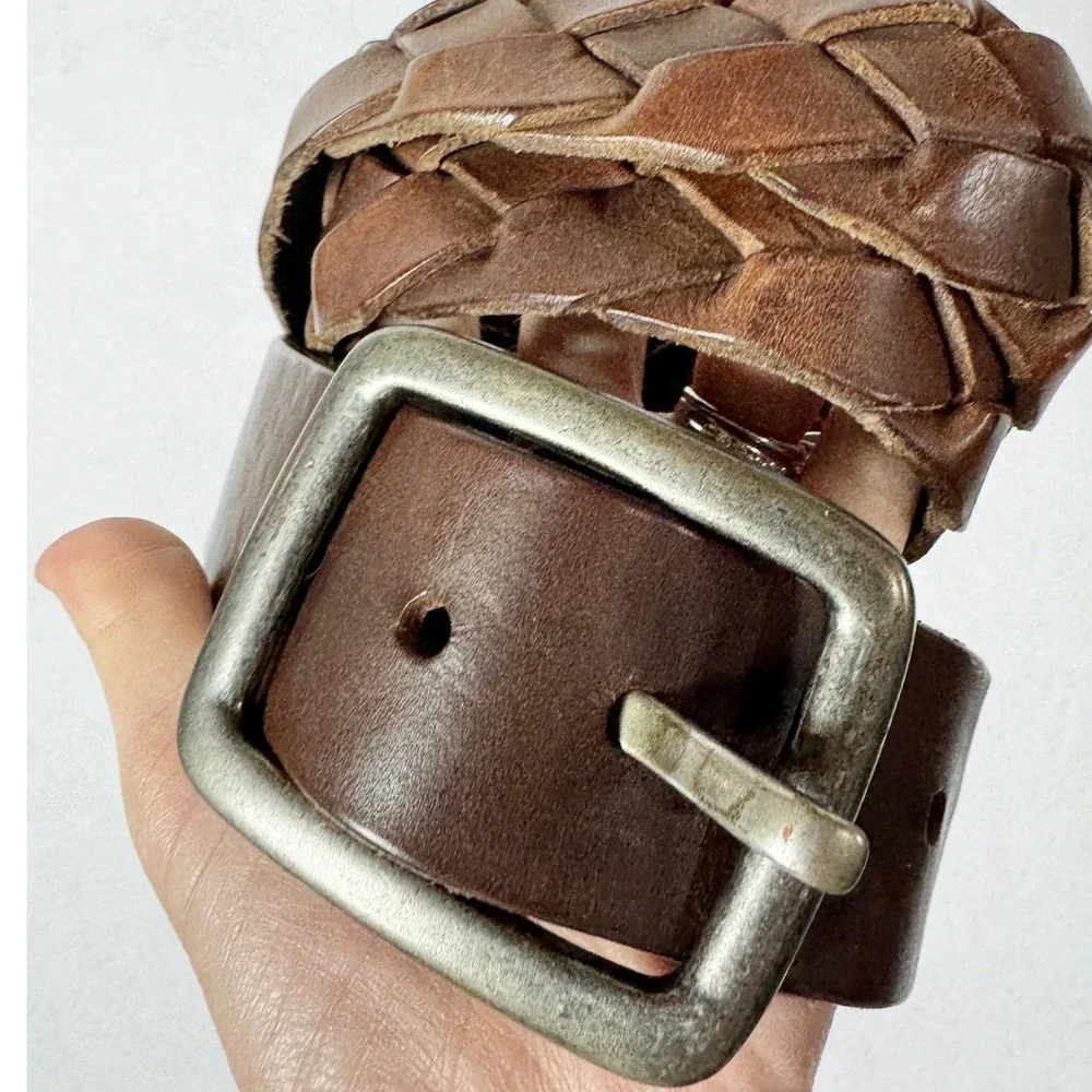 Y2K Abercrombie Fitch Mens Belt Wide Brown Braided Woven Leather Silver Buckle